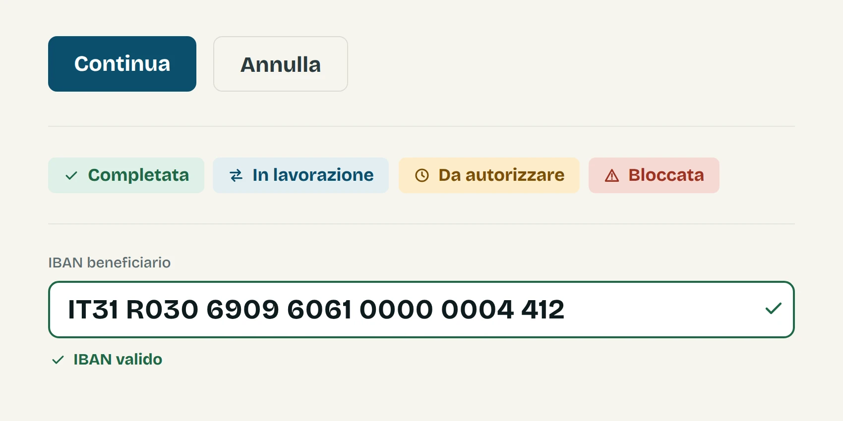 Design system specimens: primary and secondary buttons, four status chips and a validated IBAN field.