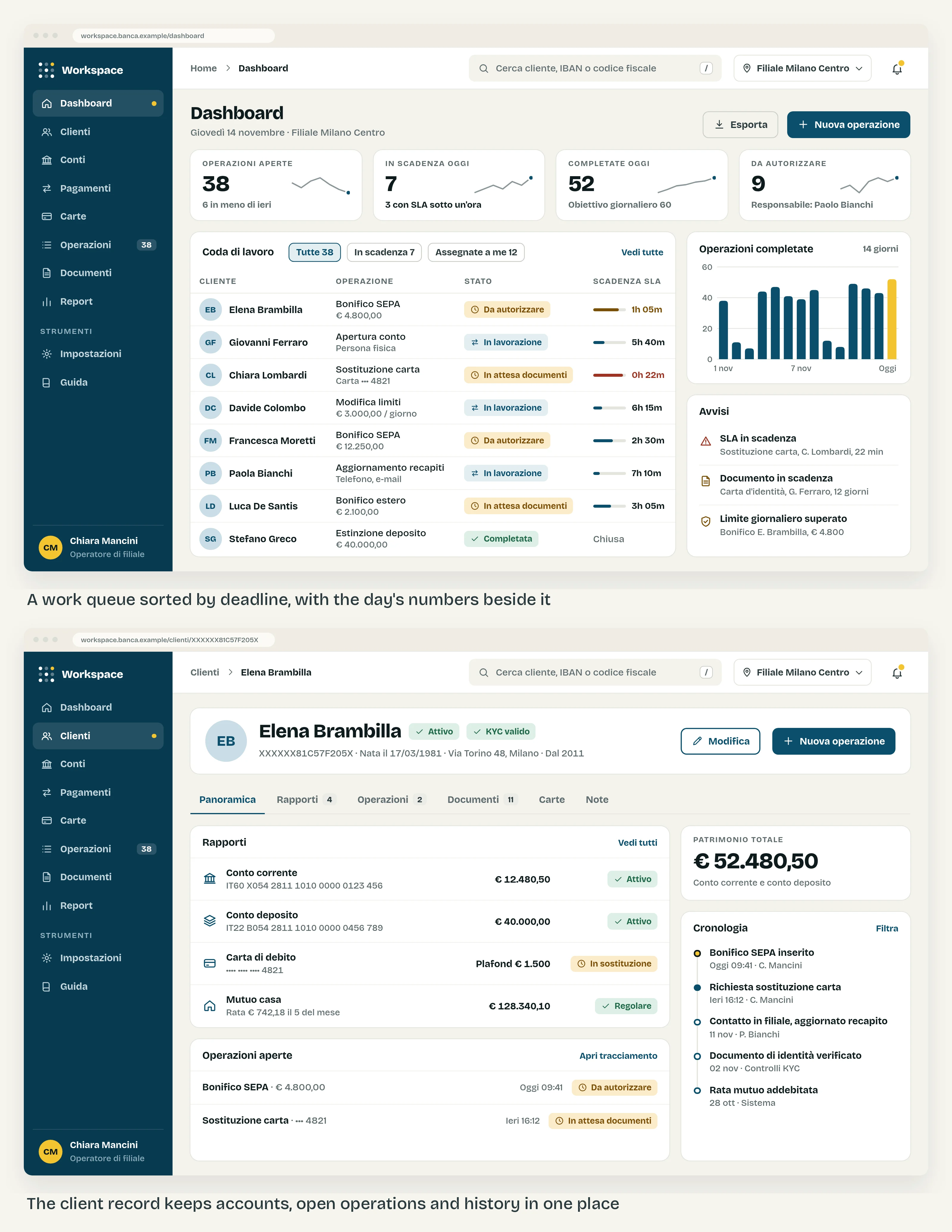 Two screens of the banking operator workspace stacked on a plain background: the dashboard with a work queue sorted by deadline, and the client record with accounts, open operations and history.