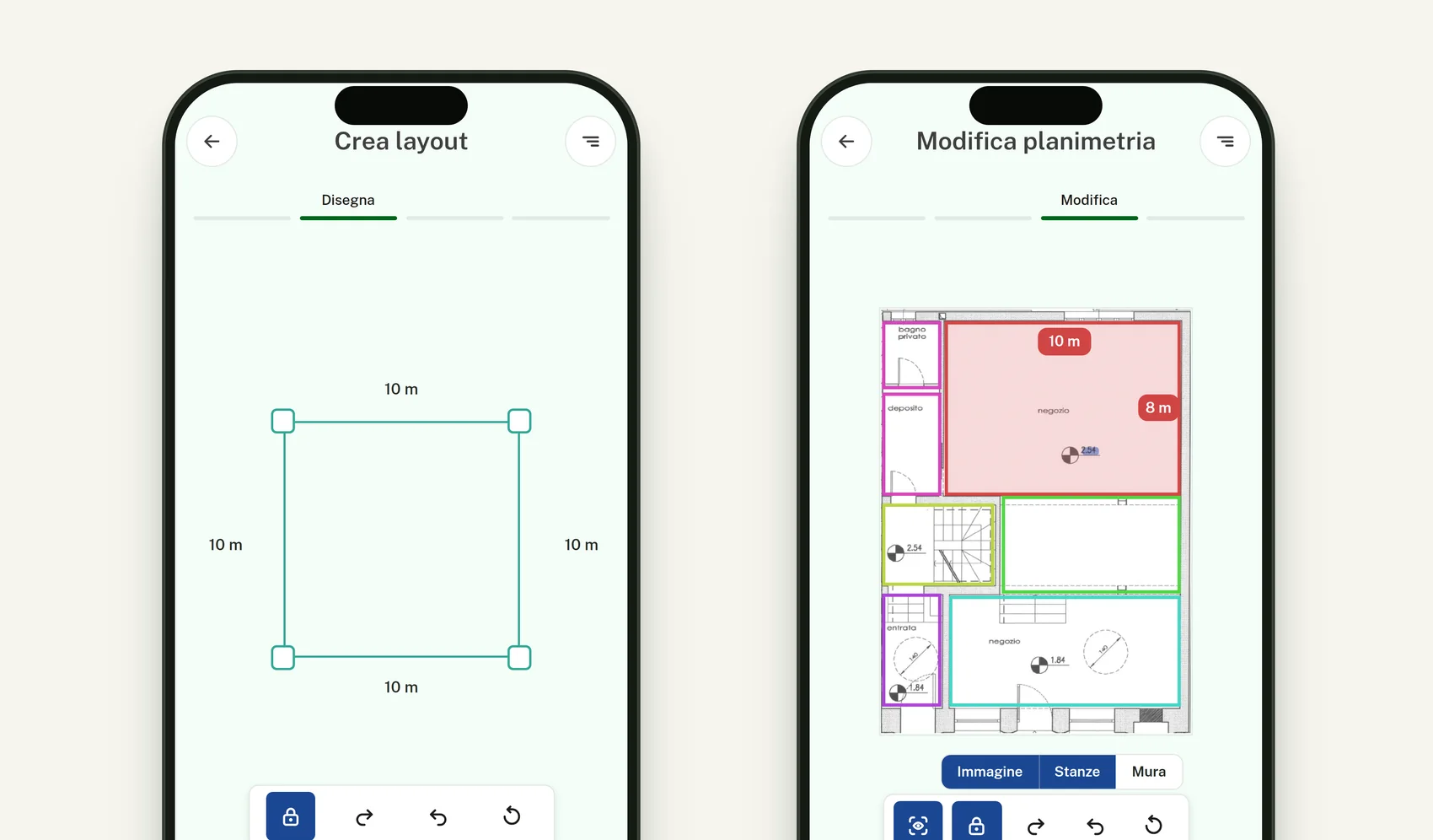 Two large phone screens of the final app, the draw step with measured walls and the floor plan editor with rooms outlined.