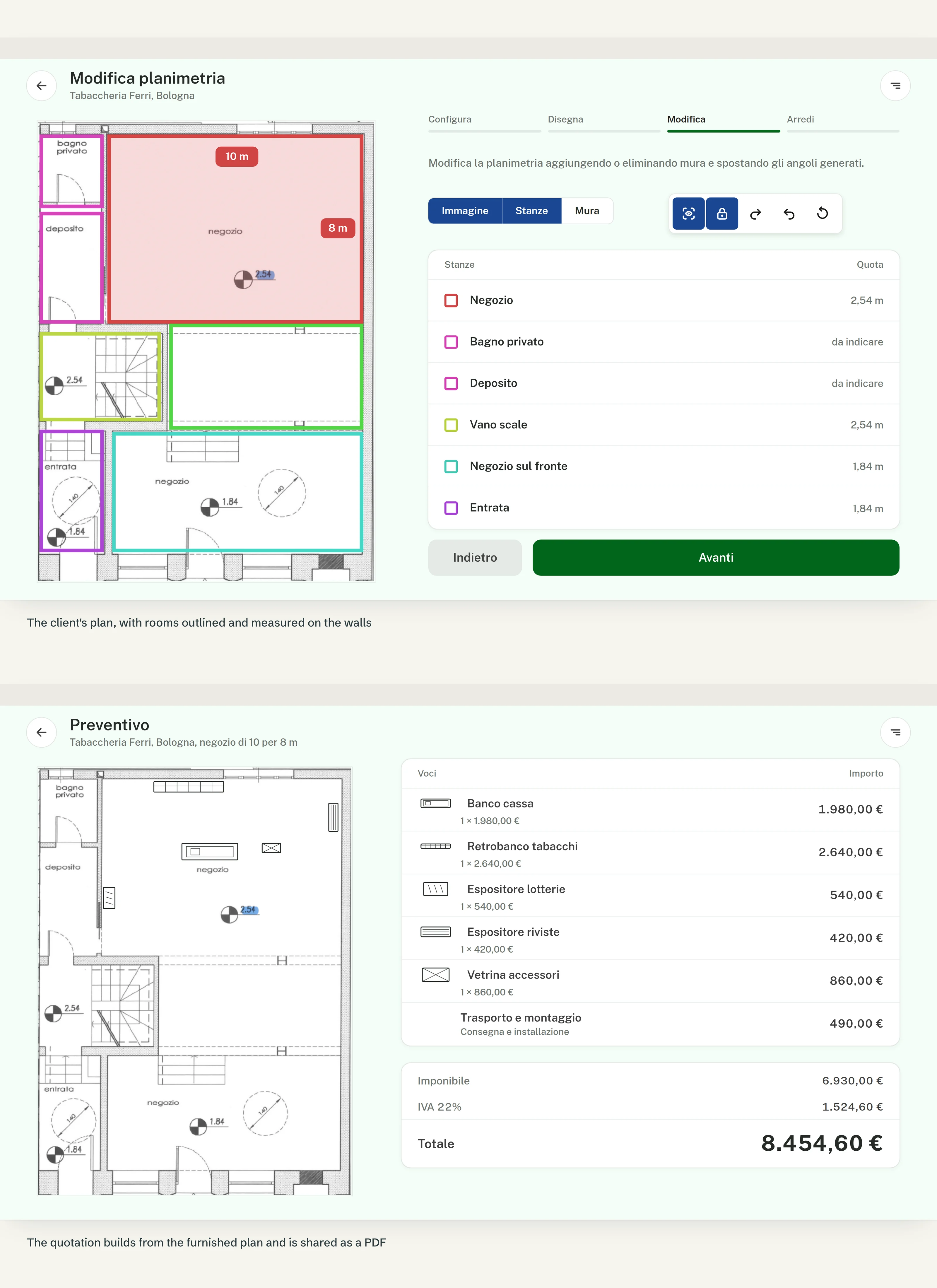 Two screens of the app at full width: the floor plan editor with rooms outlined and measured, and the quotation with the furnished plan beside the line items and total.