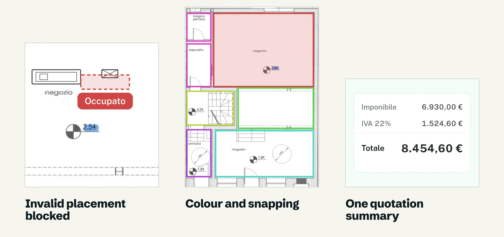Three details side by side: a floor plan where an item that does not fit is marked occupied, a plan with colour and snapping feedback, and a single quotation summary with totals.