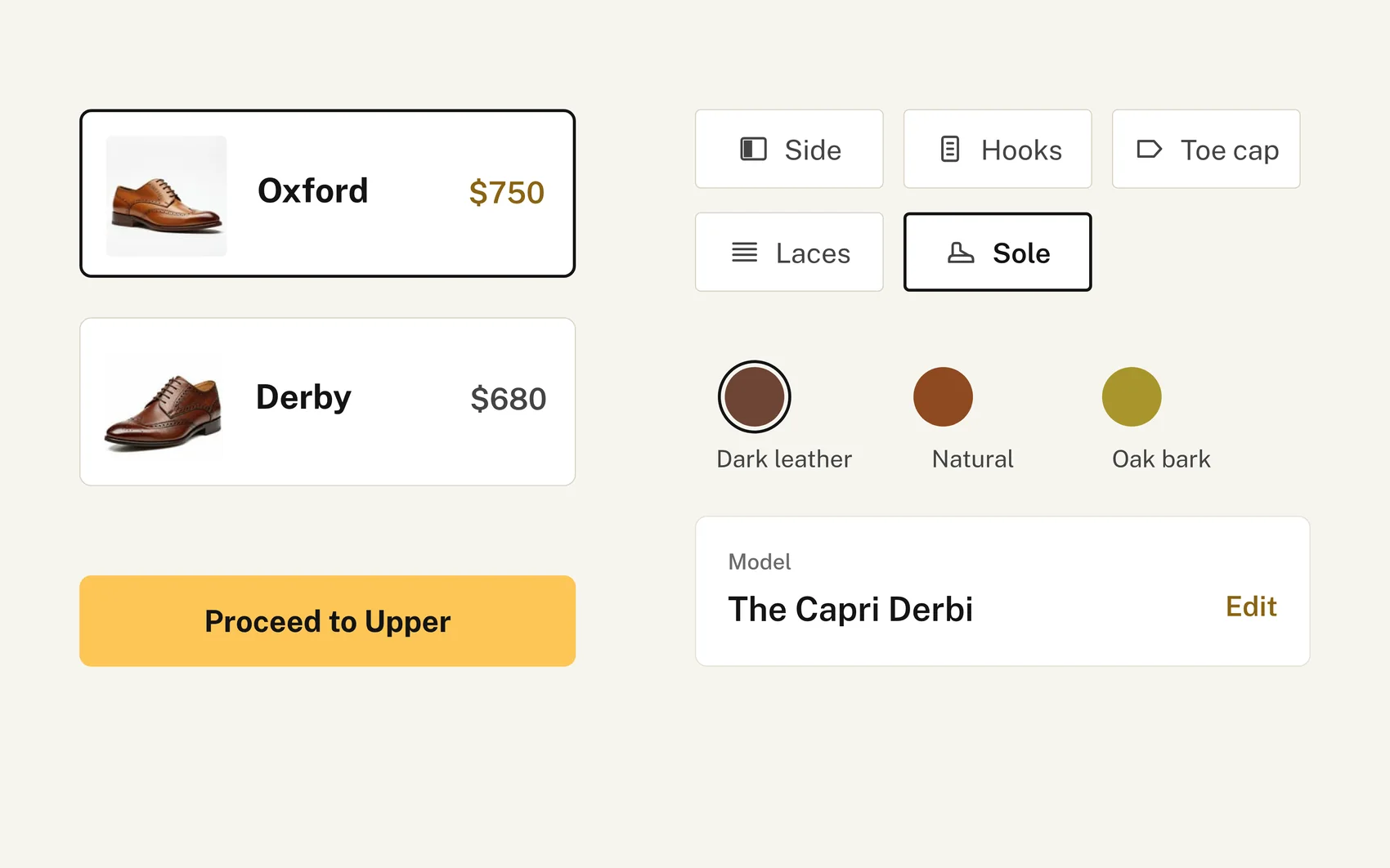 Interface components of the configurator: selected and unselected model cards, zone chips, leather swatches, a yellow call to action button and a review row with Edit.