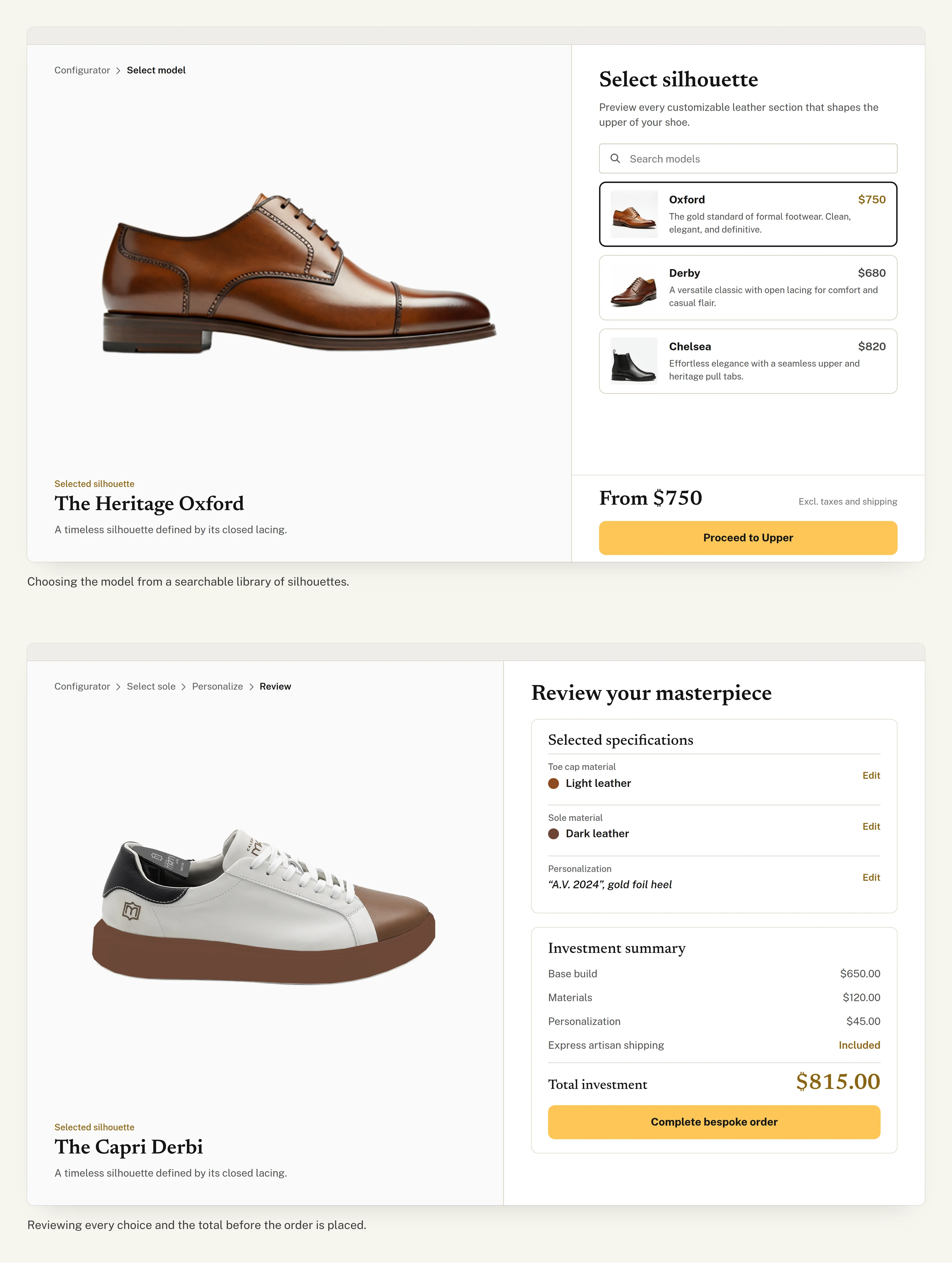 Two full width screens of the shoe configurator: model selection with a searchable list of silhouettes, and the final review with specifications and investment summary.