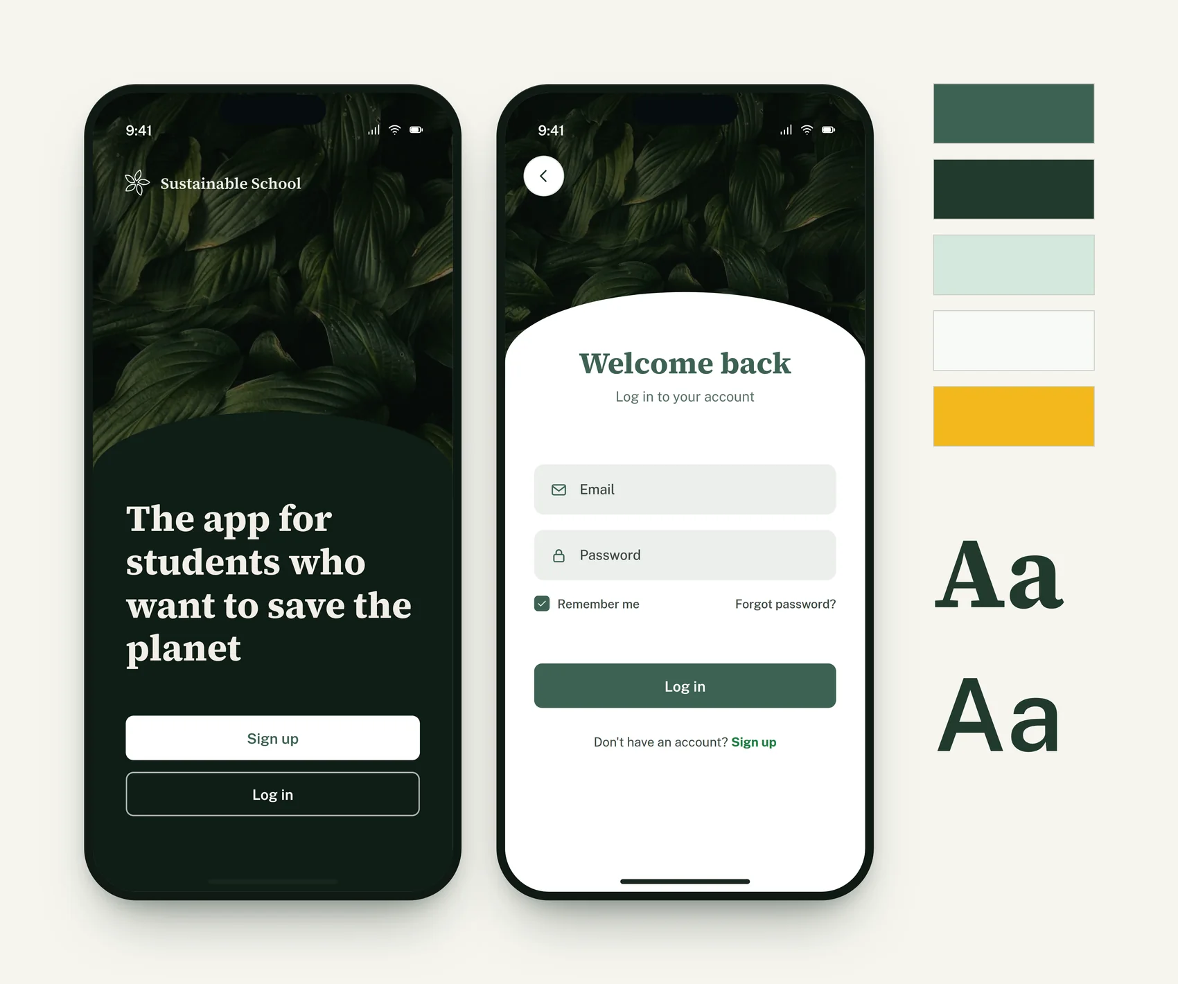 Welcome and log in screens of the finished app in two phones, beside the five colour swatches and the two typefaces.