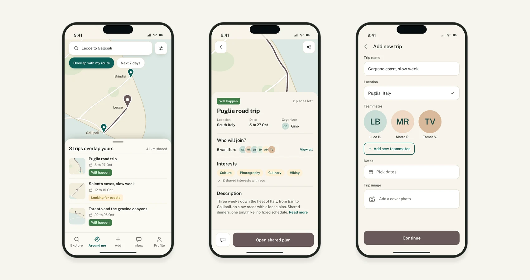 Three high fidelity screens: route map, trip detail and add a trip.
