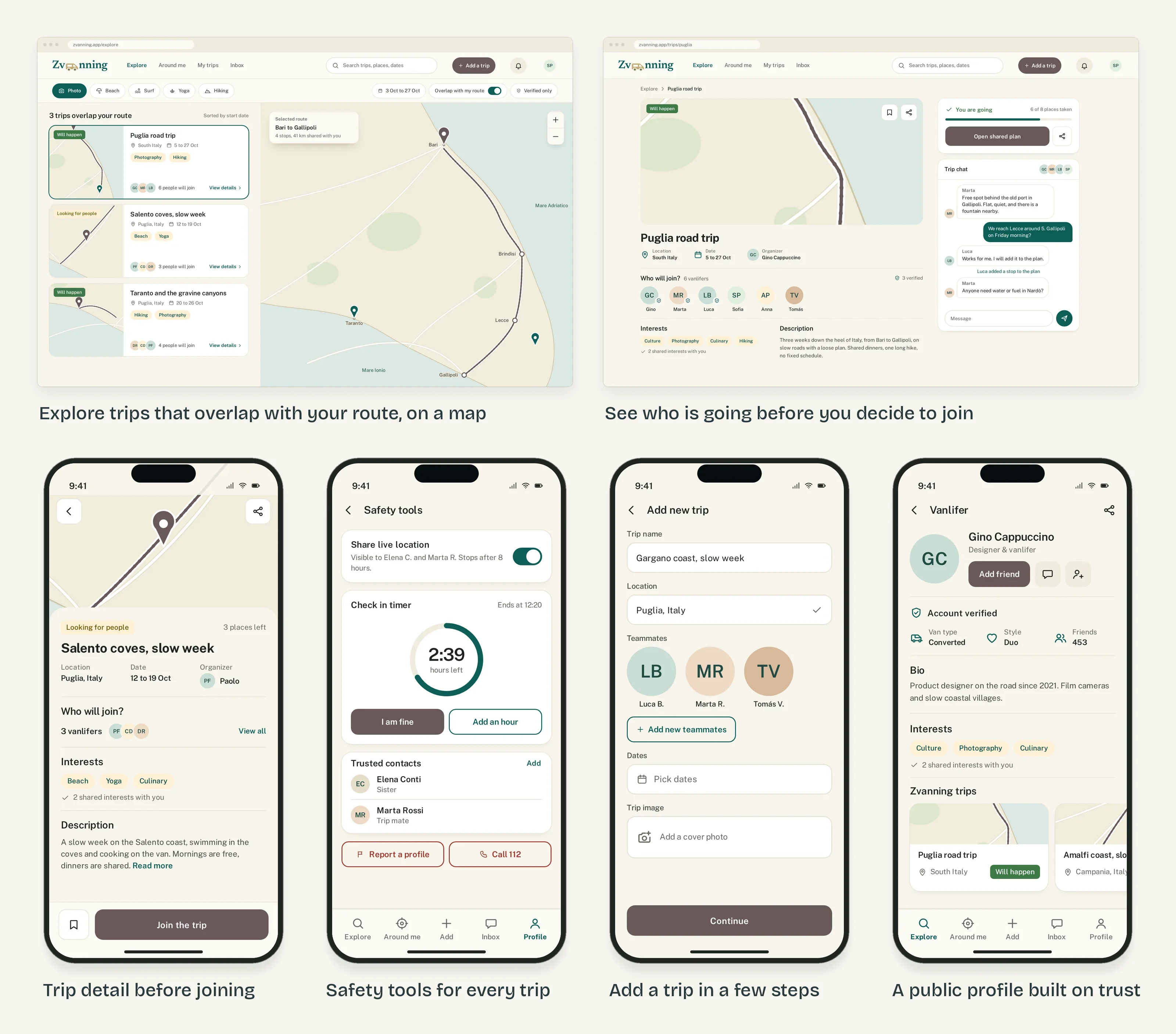 Zvanning desktop pages for explore and trip detail, above four phones: trip detail, safety tools, add a trip and a public profile.