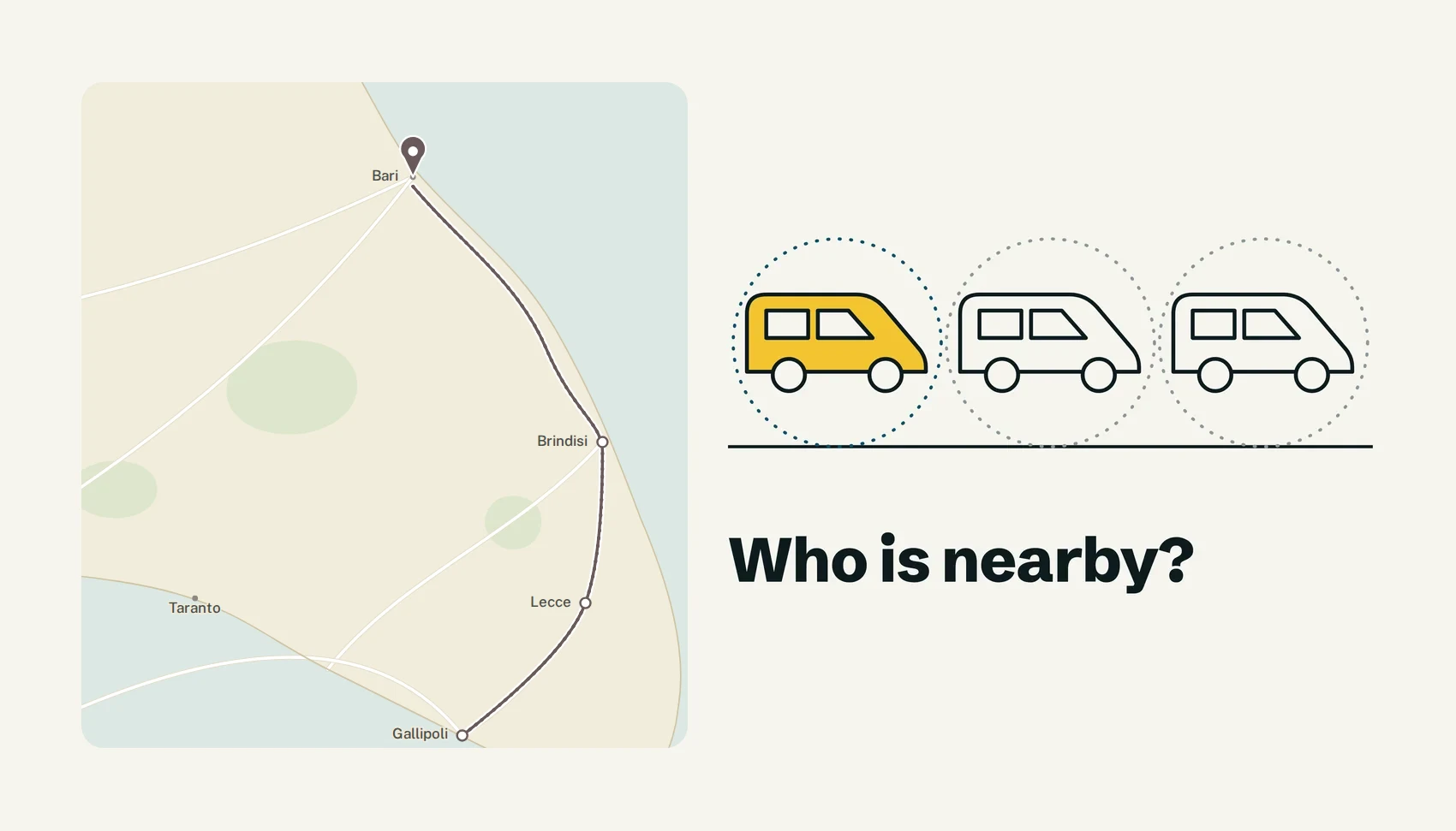 A solo vanlifer beside his van, and three vans on the same road, each in its own dotted circle, asking who is nearby.