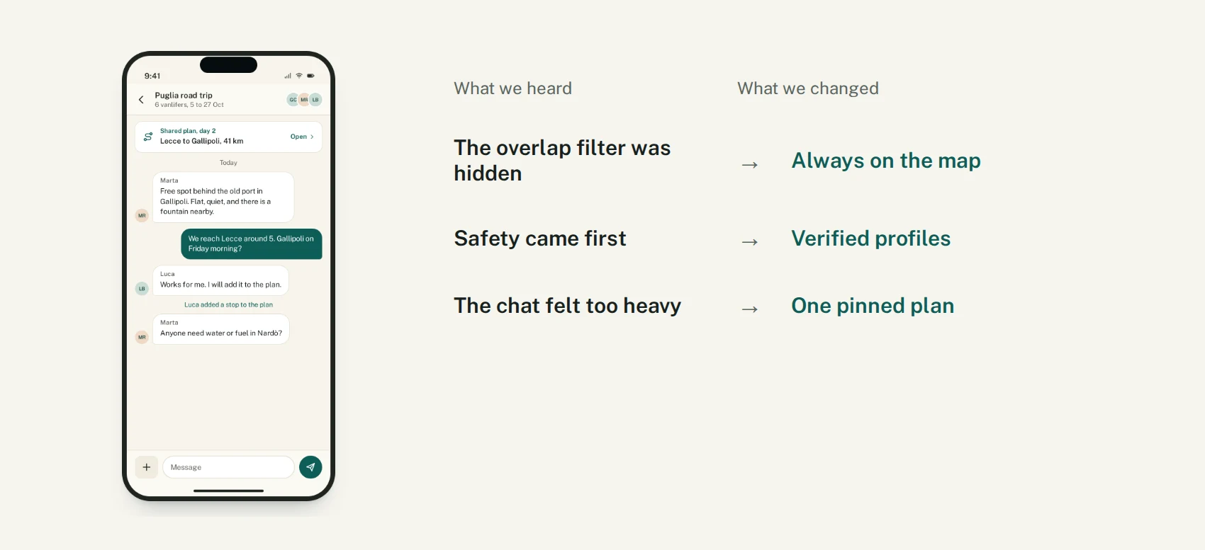 Top of the trip chat with the pinned shared plan, beside test findings and the design change each led to.